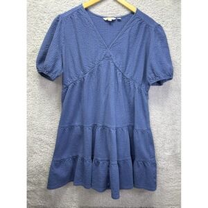 BODEN Women Blue Jersey Seersucker Dress 20 Midi V Neck Short Puff Slv Boho